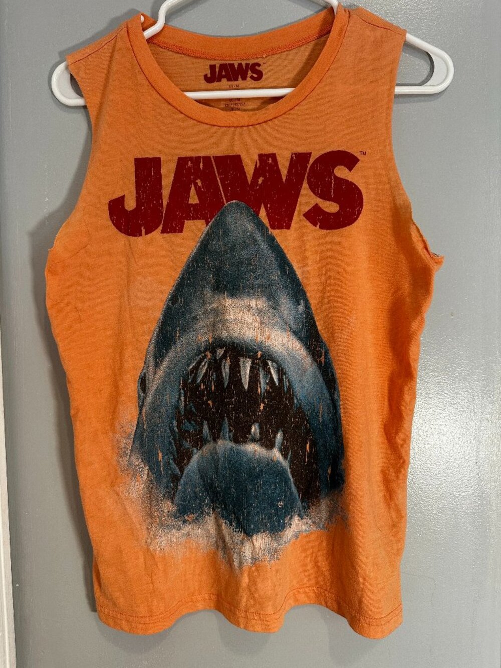 Authentic Jaws Graphic Women Tank Top Orange with Open-Mouthed Great White Shark